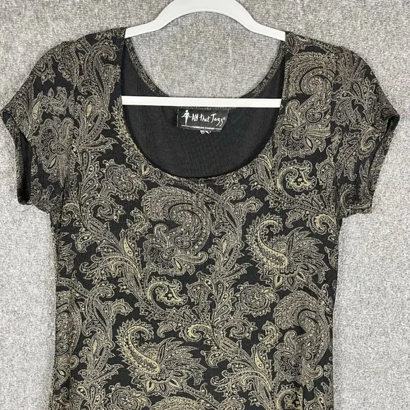 VTG All That Jazz Slinky Knit Black Gold Paisley Short Sleeve Shift Dress Size M - Picture 2 of 9